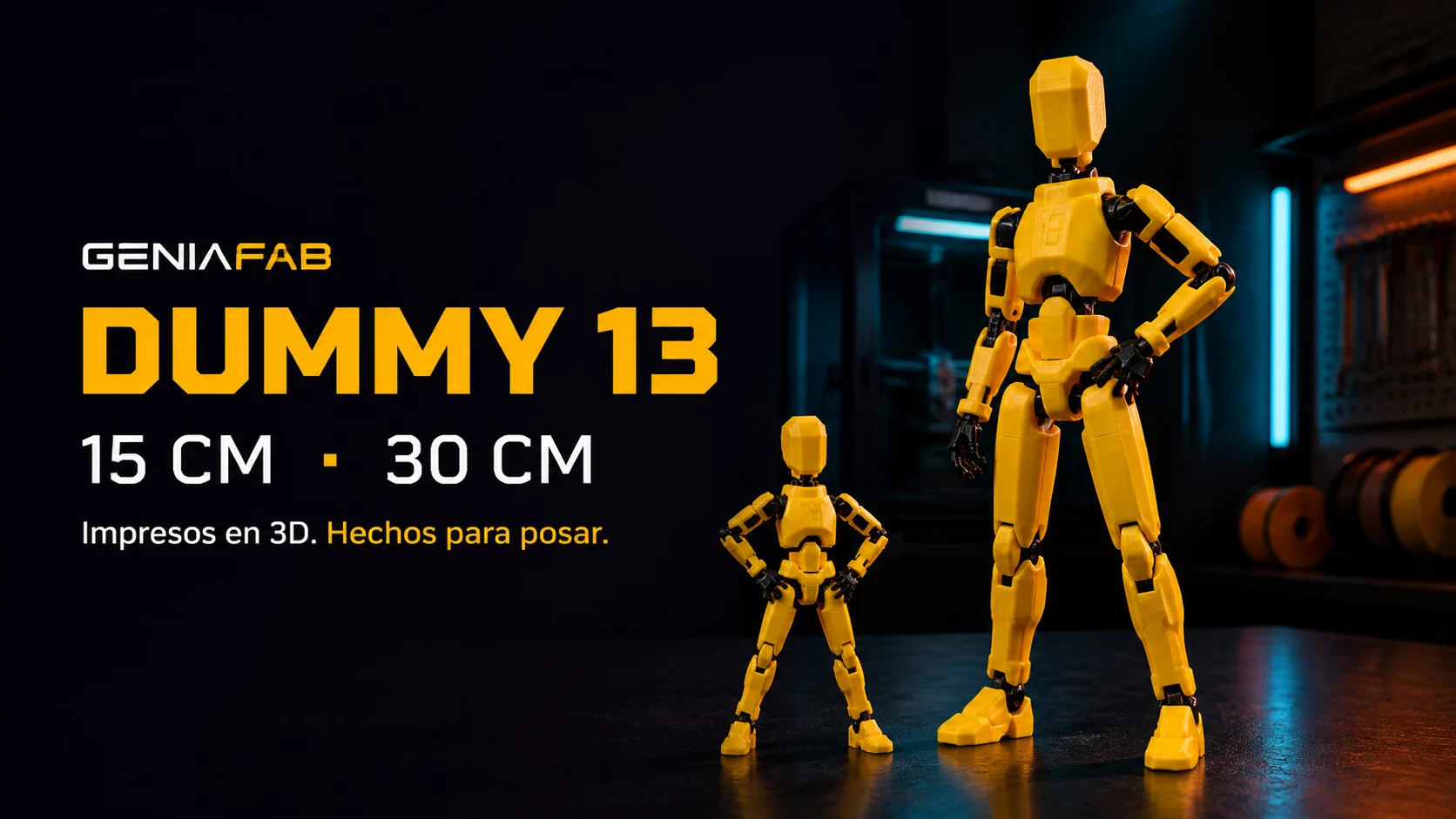 Dummy 13 amarillo en versiones de 15 y 30 centímetros en el taller GeniaFab